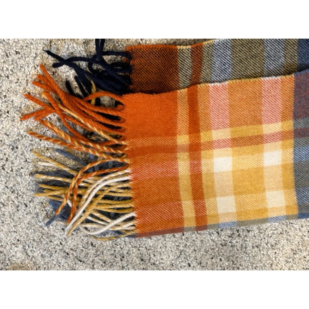 Woolmark Pure New Wool Plaid Scarf Made in Italy Blue Orange Yellow Fringe